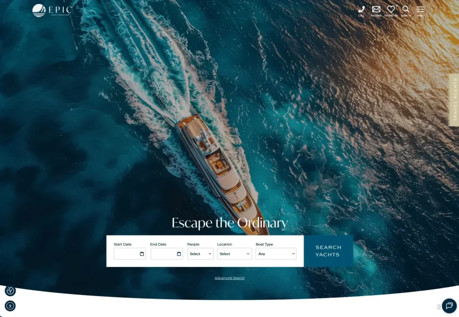 A luxury yacht from epic yacht charters sails through vibrant blue ocean waters, leaving a white wake behind. Sunlight glistens on the water. A search form for yacht rentals overlays the image, reading “Escape the Ordinary.”.