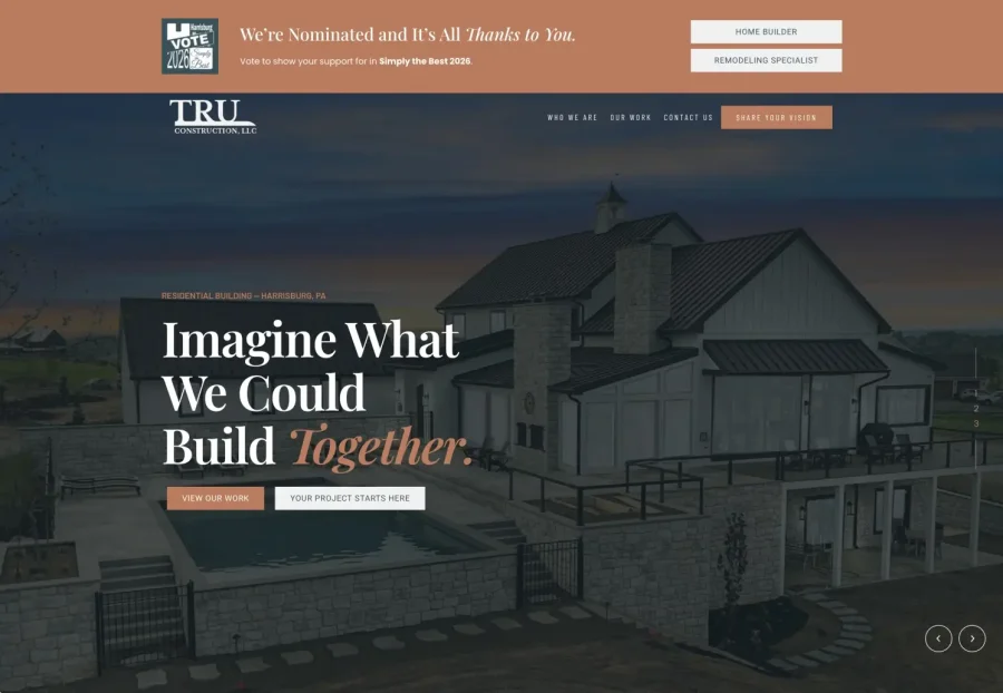 A modern home exterior with a pool and patio at dusk appears on a website for TRU Construction, LLC. The site headline reads, “Imagine What We Could Build Together.” Navigation and banners are visible at the top.